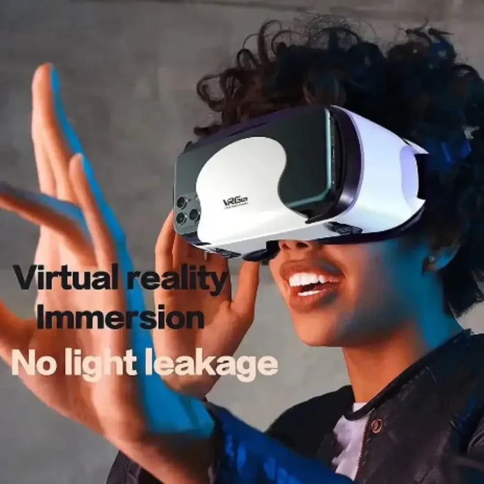 Habicare 9eight5 Smart VR Headset with remote for 3D virtual reality experiences on smartphones, showing the headset and remote in use.