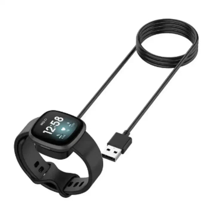 Habicare TWS smartwatch charger compatible with Fitbit Sense 2 and Versa 3/4, shown connected to the smartwatch.