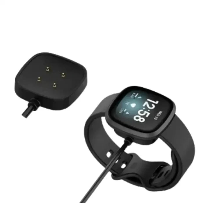 Habicare TWS smartwatch charger compatible with Fitbit Sense 2 and Versa 3/4, shown connected to a smartwatch for charging.