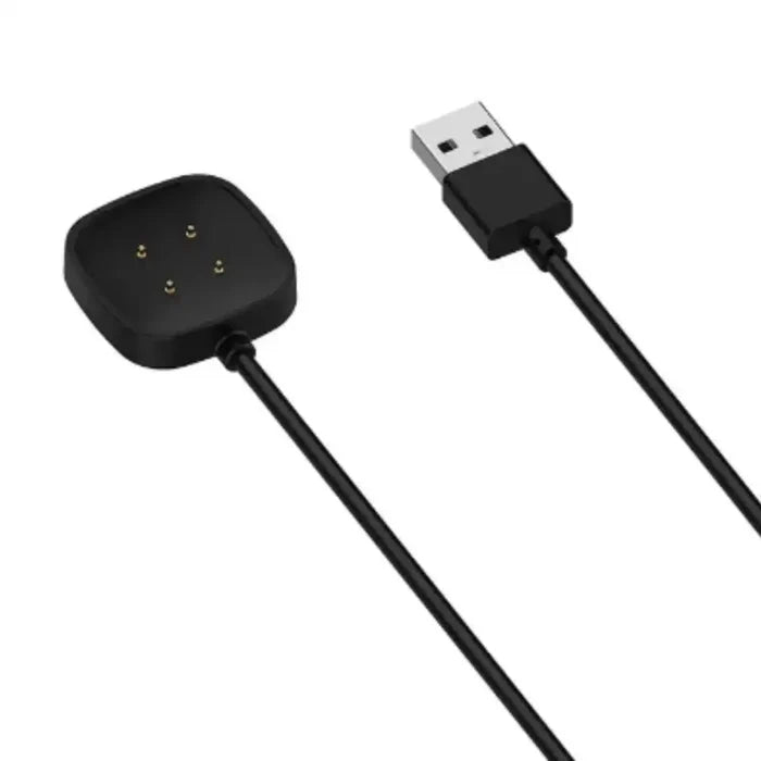 Habicare TWS smartwatch charger compatible with Fitbit Sense 2, Versa 3, and Versa 4, shown connected to the devices.
