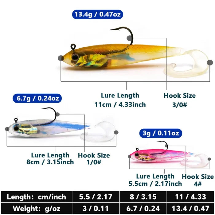 Habicare soft fishing lures with lead head jigs in various colors, designed for bass and trout fishing.