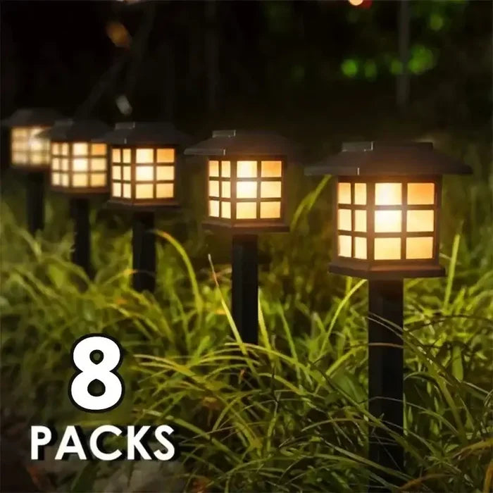 Set of Habicare Solar LED Pathway Lights in SS finish, available in 2, 4, 6, or 8 pieces, showcasing outdoor garden lighting.