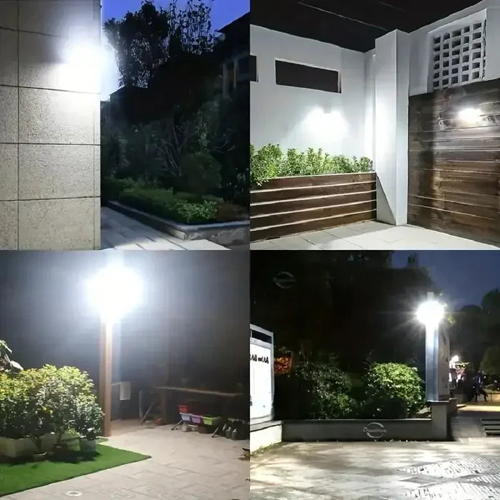 Habicare SS solar pathway lights with motion sensor illuminating a garden path at night.