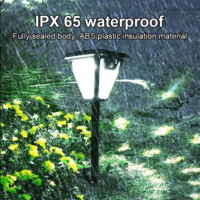 Habicare SS solar pathway lights with motion sensor illuminating a garden pathway at night.