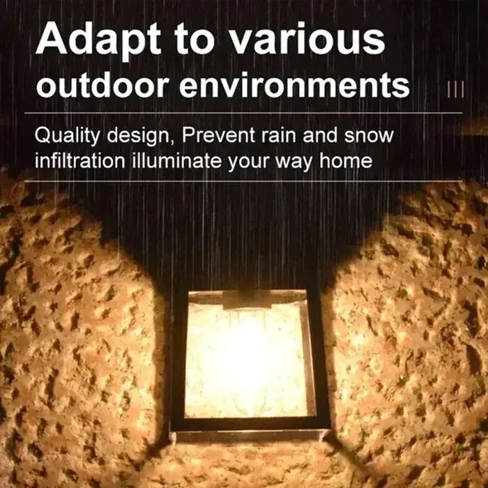 Habicare SS solar waterproof outdoor LED wall light with motion sensor, mounted on exterior wall for outdoor illumination.