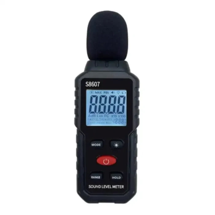 Habicare HBC sound level meter measuring noise levels with a digital display and microphone, used for acoustic testing.