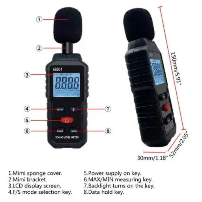 Habicare HBC Sound Level Meter displaying a digital screen with sound measurement readings and controls.