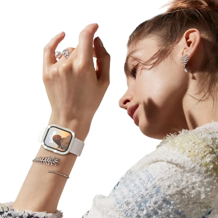 Habicare Sparkle protective case for Apple Watch Series 1, 2, 3 (38mm), TWS style with glittery finish on black watch.