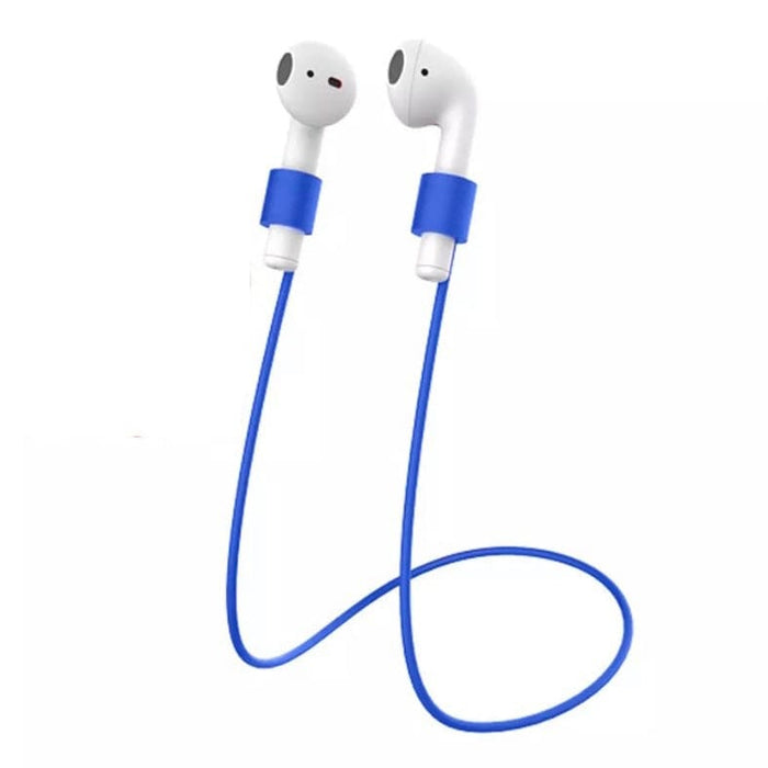Sea blue 9eight5 sport earphone lanyard attached to earphones, designed to prevent dropping during active use.