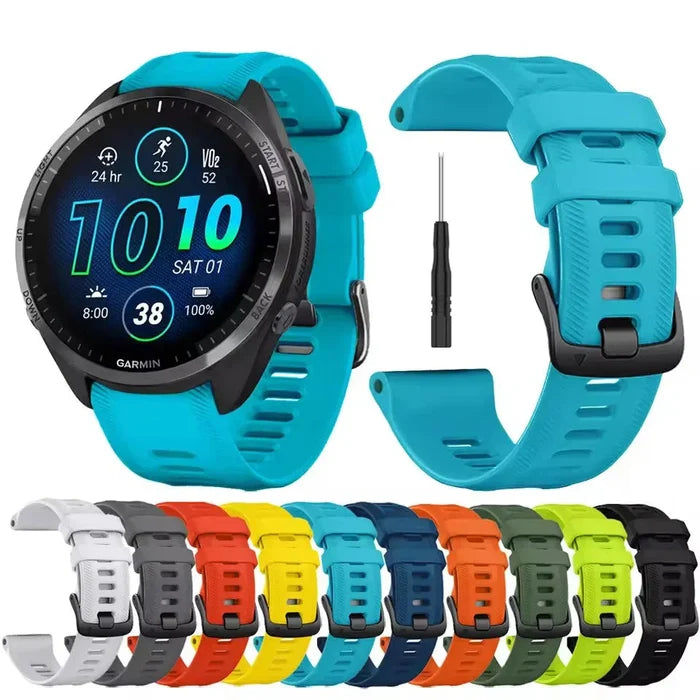 Habicare TWS sports silicone strap for Garmin Forerunner series, 22mm width, available in multiple vibrant colors.