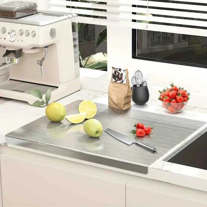 Stainless steel chopping board from ShopHub NZ, durable surface ideal for food preparation and kitchen cutting tasks.