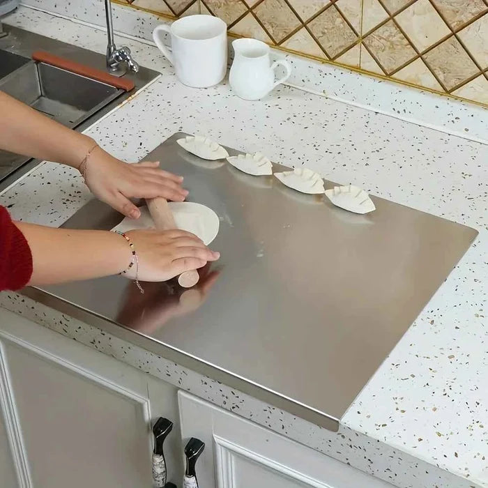 Stainless steel ShopHub NZ chopping board with a sleek, durable surface for food preparation and cutting tasks.