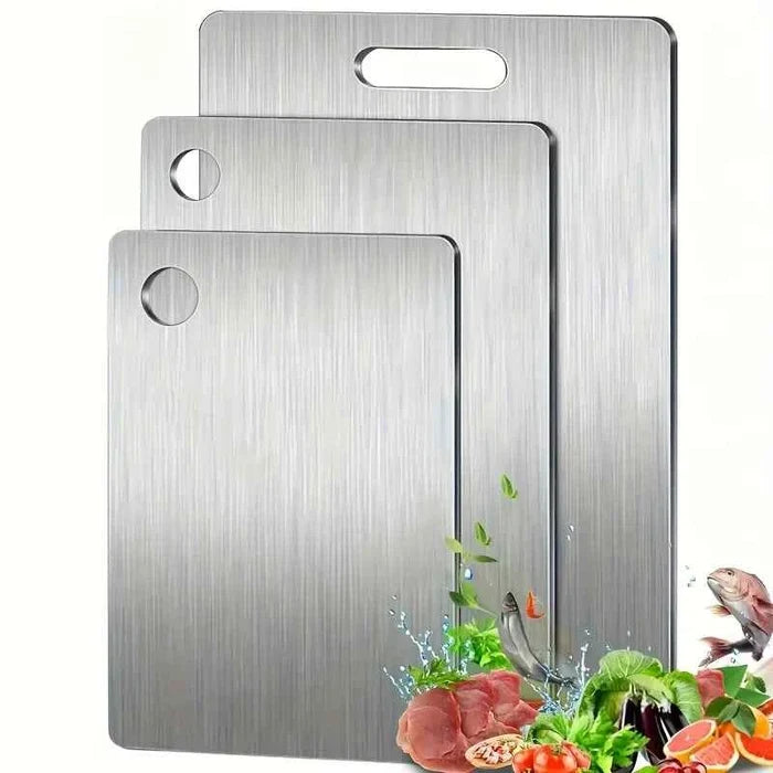 Stainless steel chopping board from ShopHub NZ, durable and sleek kitchen cutting board for food prep and chopping.
