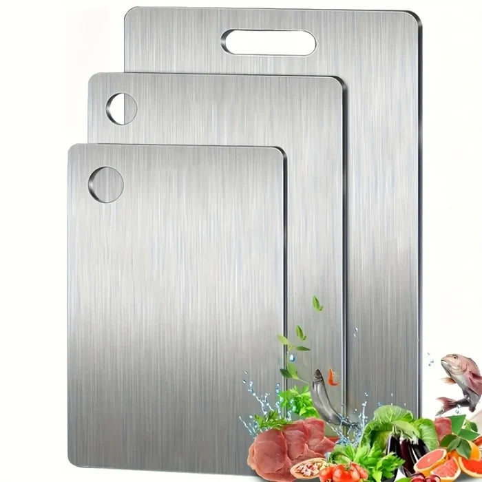 Stainless steel chopping boards from ShopHub NZ, durable and sleek for food prep and kitchen use.