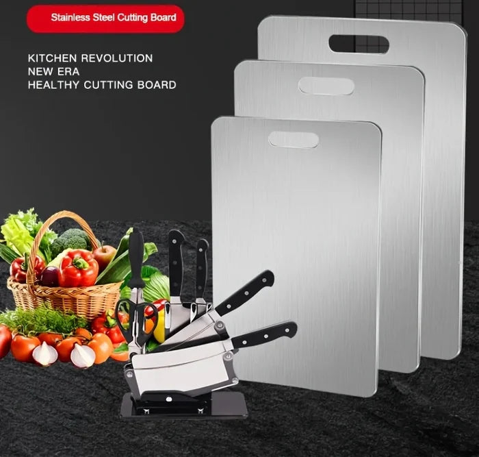 Stainless steel ShopHub NZ chopping boards for kitchen prep, shown with clean, durable surface and sleek design.