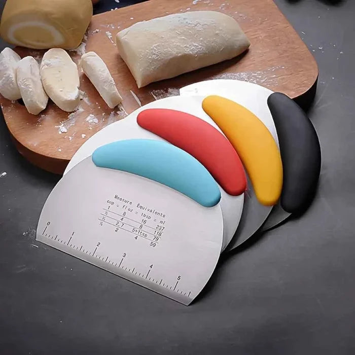 Stainless steel dough scraper cutter with a wooden handle, used for dividing and shaping dough in baking.