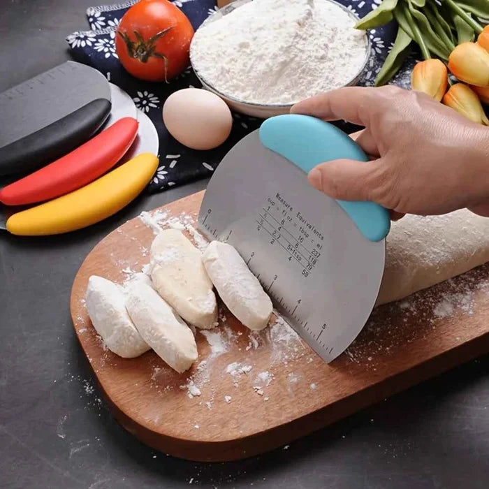 Stainless steel dough scraper cutter with a wooden handle, designed for baking and pastry preparation.
