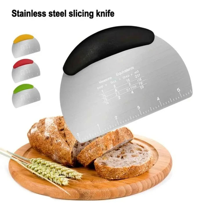Stainless steel dough scraper cutter with a handle, used for dividing and shaping dough in baking and baking prep.