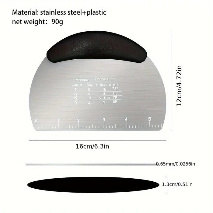 Stainless steel dough scraper cutter from ShopHub NZ with a sturdy handle, ideal for baking and dough prep.