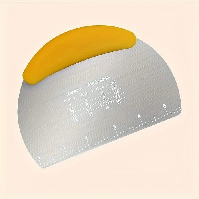 Stainless steel dough scraper cutter with handle for baking and dough shaping, shown on a wooden surface.