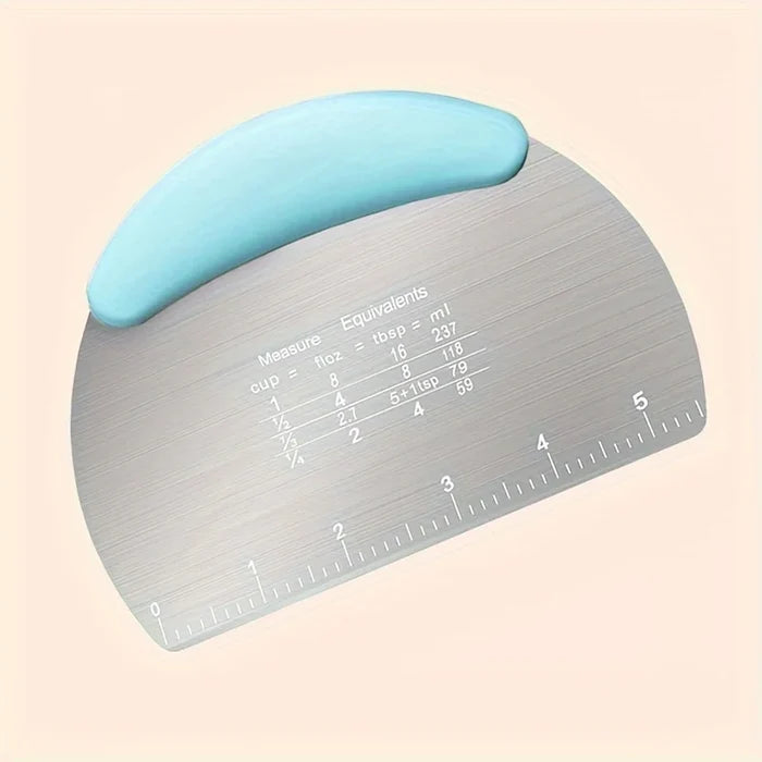 Stainless steel dough scraper cutter with handle, ideal for baking and pastry work, on a clean surface.