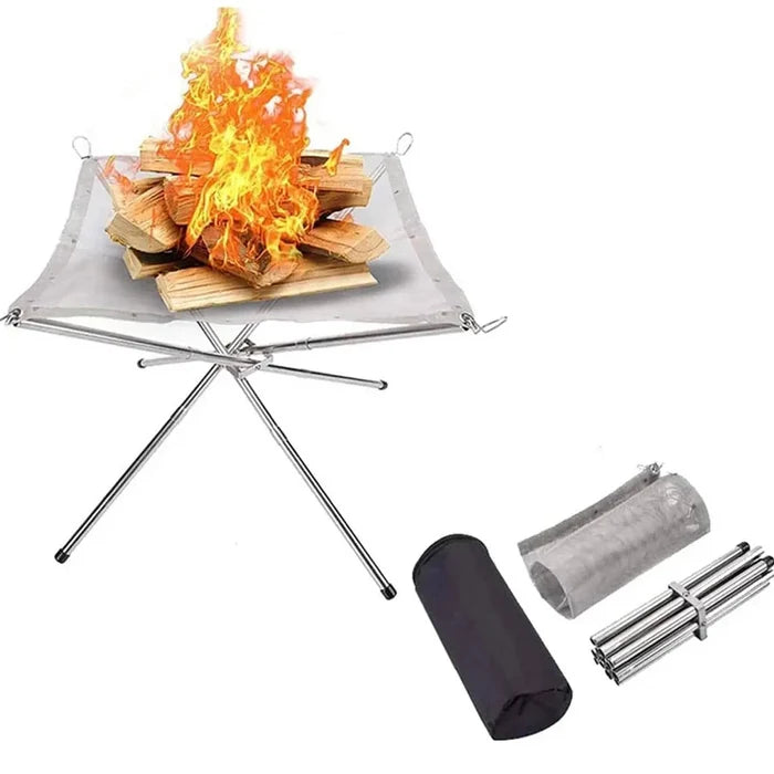 Stainless steel Habicare foldable camping fire pit and BBQ rack with mesh surface for outdoor cooking and fire safety.