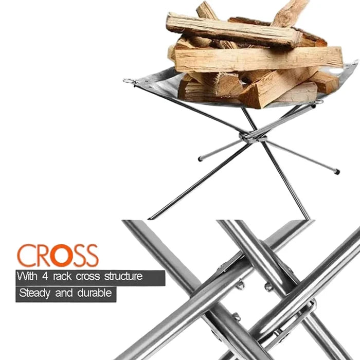 Stainless steel Habicare foldable camping fire pit and BBQ rack with mesh design, portable for outdoor camping and grilling.