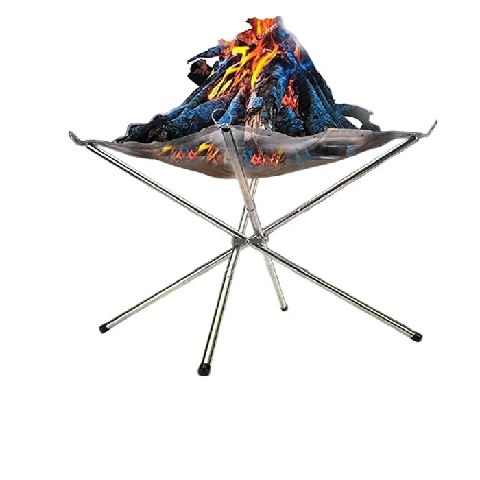 Stainless steel Habicare foldable camping fire pit and BBQ rack with mesh surface and portable design for outdoor cooking.
