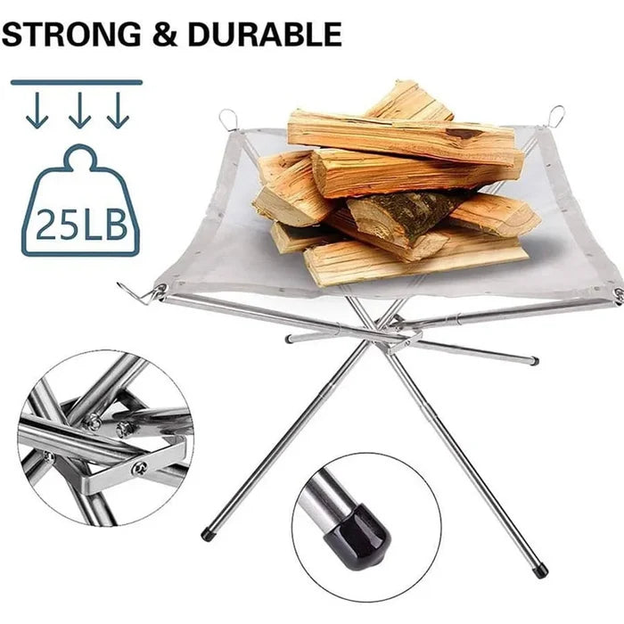 Stainless steel Habicare foldable camping fire pit and BBQ rack with mesh design, portable and compact for outdoor cooking.