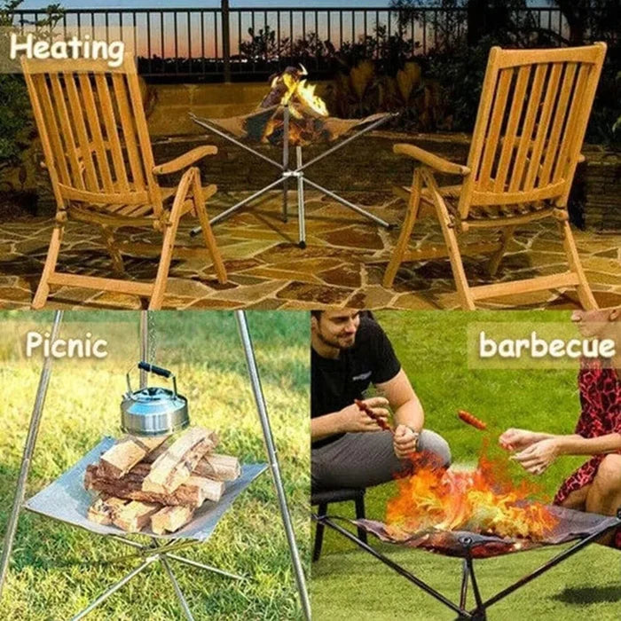 Stainless steel foldable camping fire pit and BBQ rack by Habicare, showing the compact, portable design with metal grilling surface.