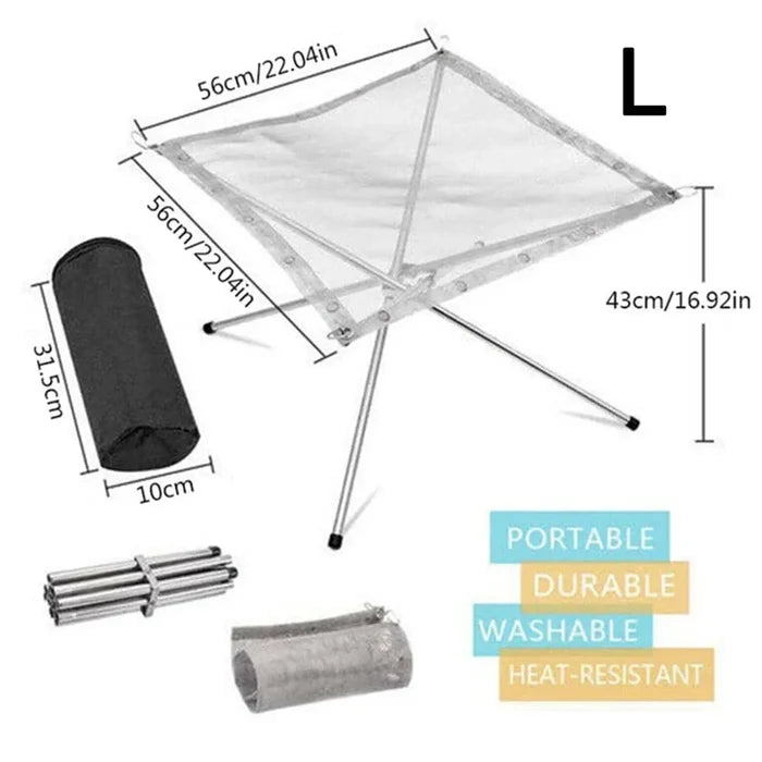 Stainless steel foldable camping fire pit and BBQ rack by Habicare, compact and portable for outdoor cooking and campfires.