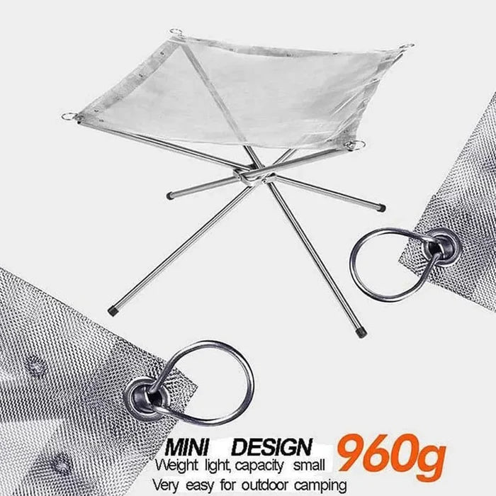 Stainless steel Habicare foldable camping fire pit and BBQ rack with mesh sides and adjustable height for outdoor cooking and fires.