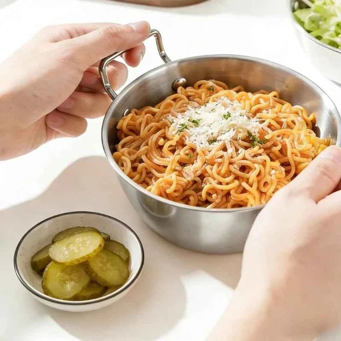 Stainless steel noodle bowl with handle, ideal for ramen, soup, or salads, suitable for home, camping, and picnics by ShopHub NZ.