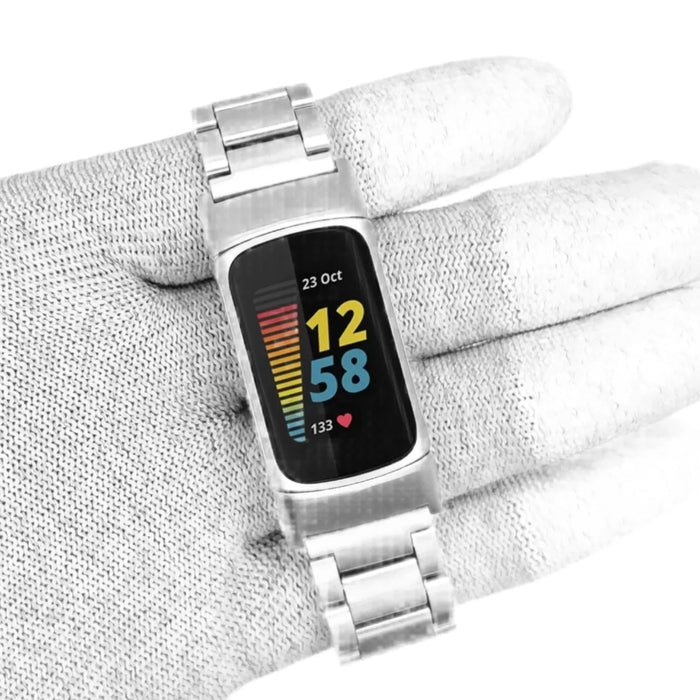 Habicare stainless steel strap for Fitbit Charge 5/6 series TWS, available in four colors, sleek and durable accessory for fitness tracker.