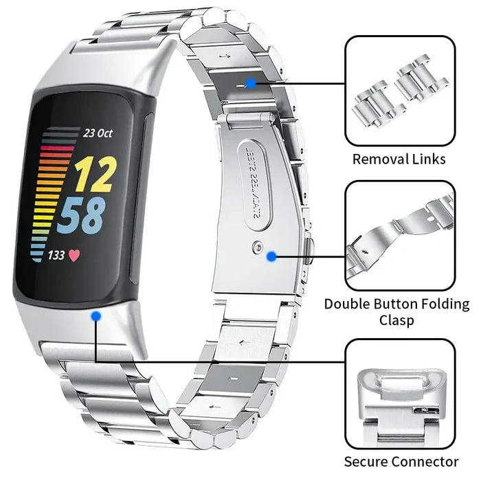 Habicare stainless steel strap for Fitbit Charge 5/6 series, available in four colors, designed for a secure fit and stylish look.