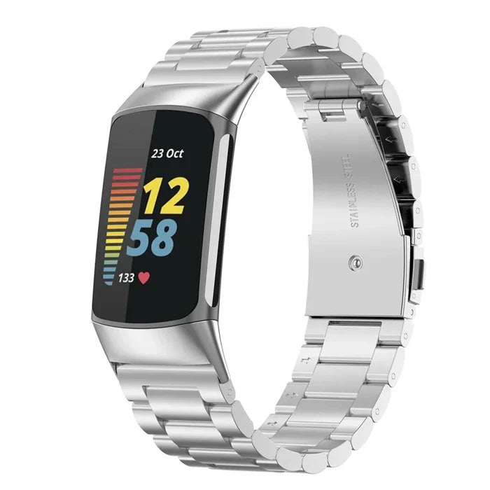 Habicare stainless steel TWS strap for Fitbit Charge 5/6 Series in four colors, showing sleek metal design and adjustable fit.