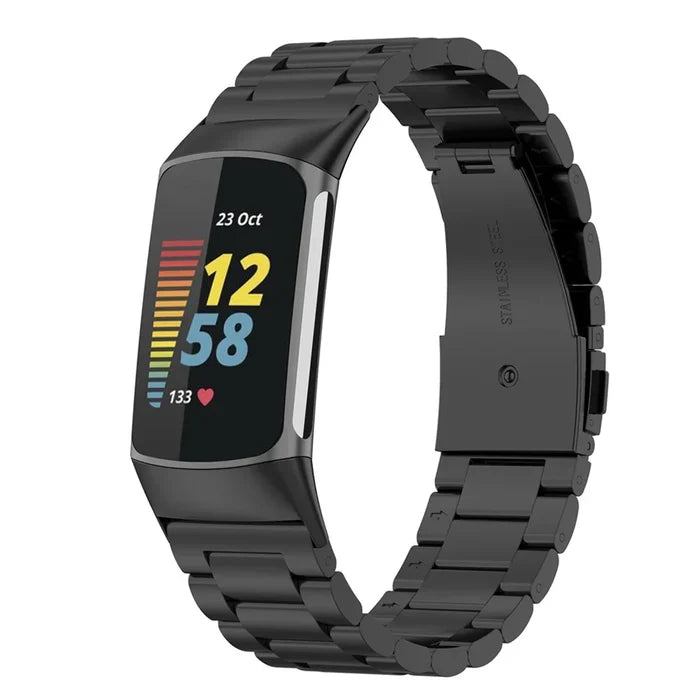 Habicare stainless steel TWS strap for Fitbit Charge 5/6 series in four color options, featuring a sleek, durable design.