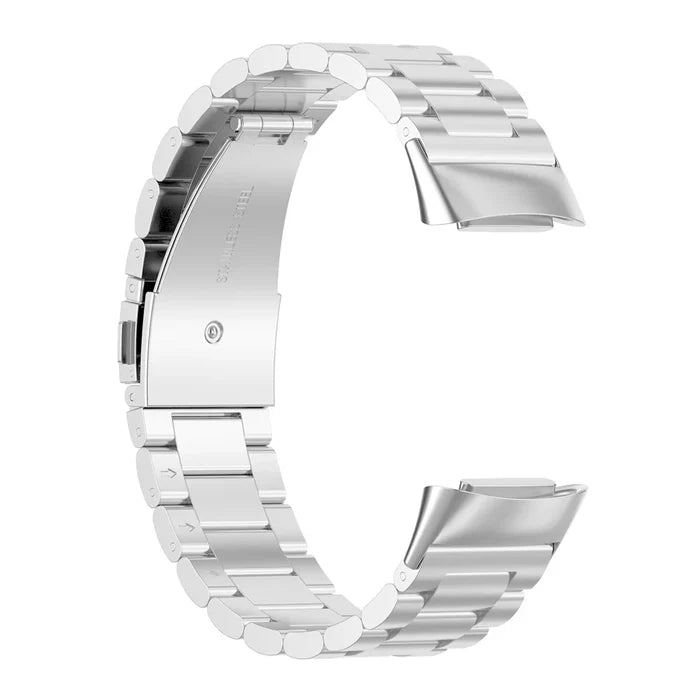 Habicare stainless steel strap for Fitbit Charge 5/6 series, available in four colors, featuring a TWS design and sleek metal finish.
