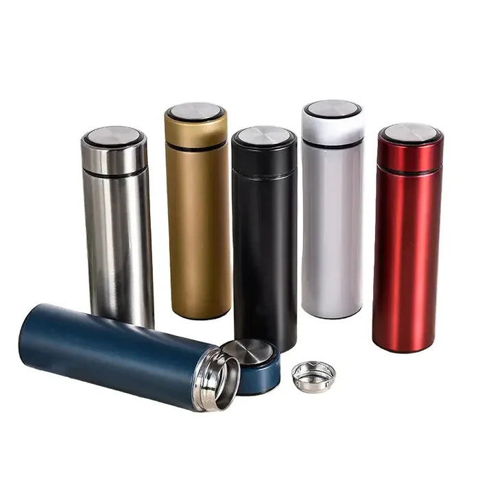 Habicare stainless steel thermos bottle, 500ml capacity, with a sleek silver design and screw-on lid, ideal for hot and cold beverages