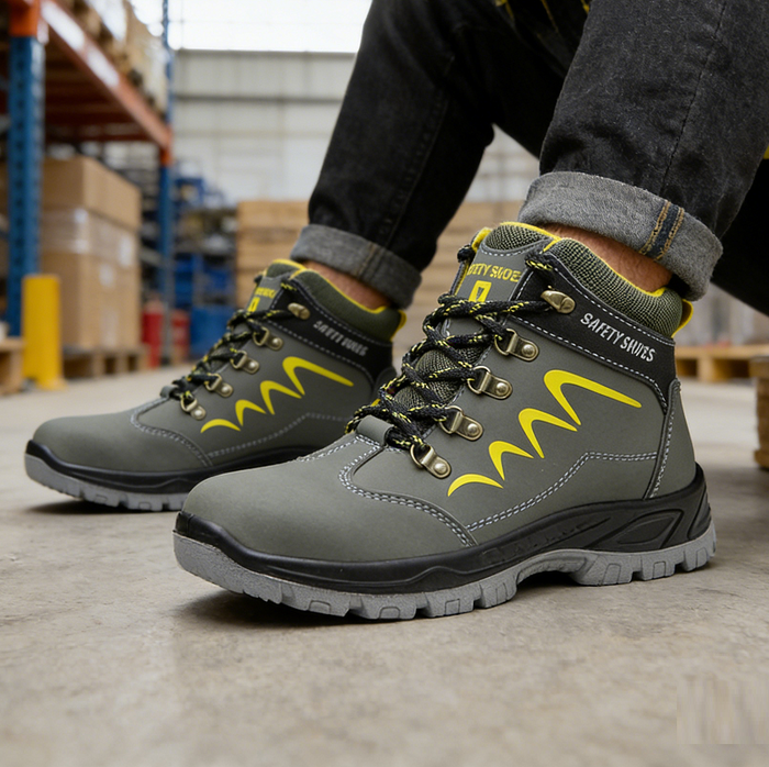 Steel cap safety work boots by Dealonlinenz with waterproof, puncture-resistant design, suitable for industrial safety footwear.