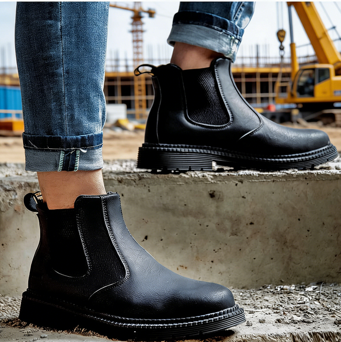 Steel toe slip-on work shoes by dealonline.co.nz, made of oiled leather with puncture-proof sole and soft, lightweight comfort.