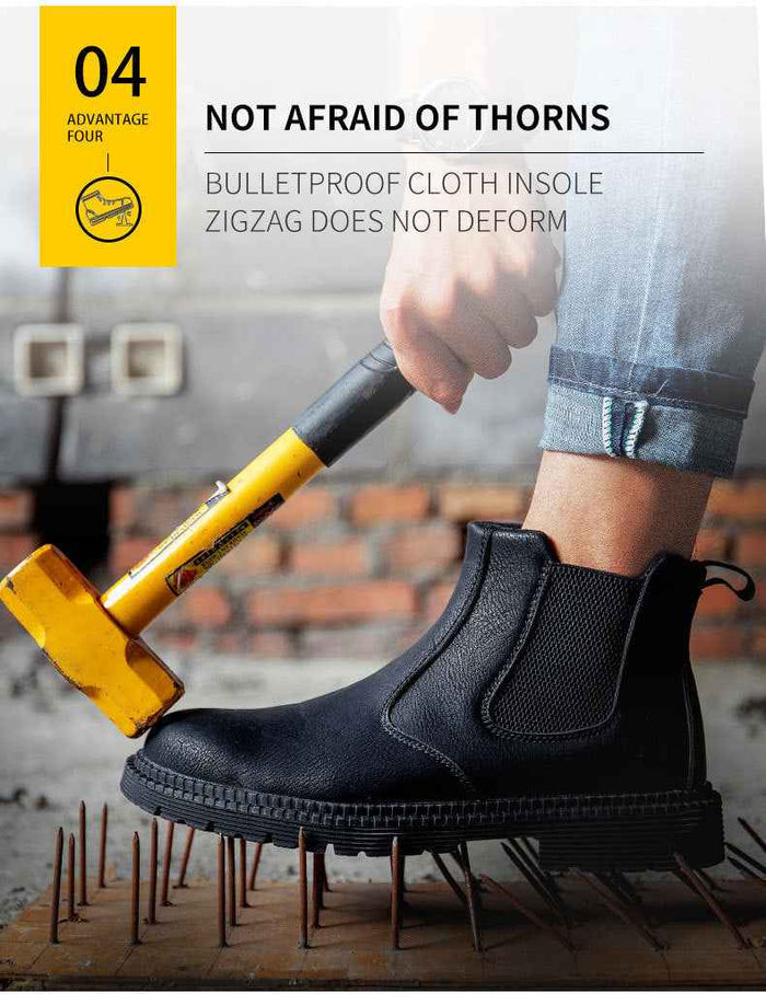 Dealonlinenz steel toe slip-on work shoes with oiled leather, puncture-proof sole, soft and lightweight safety footwear.