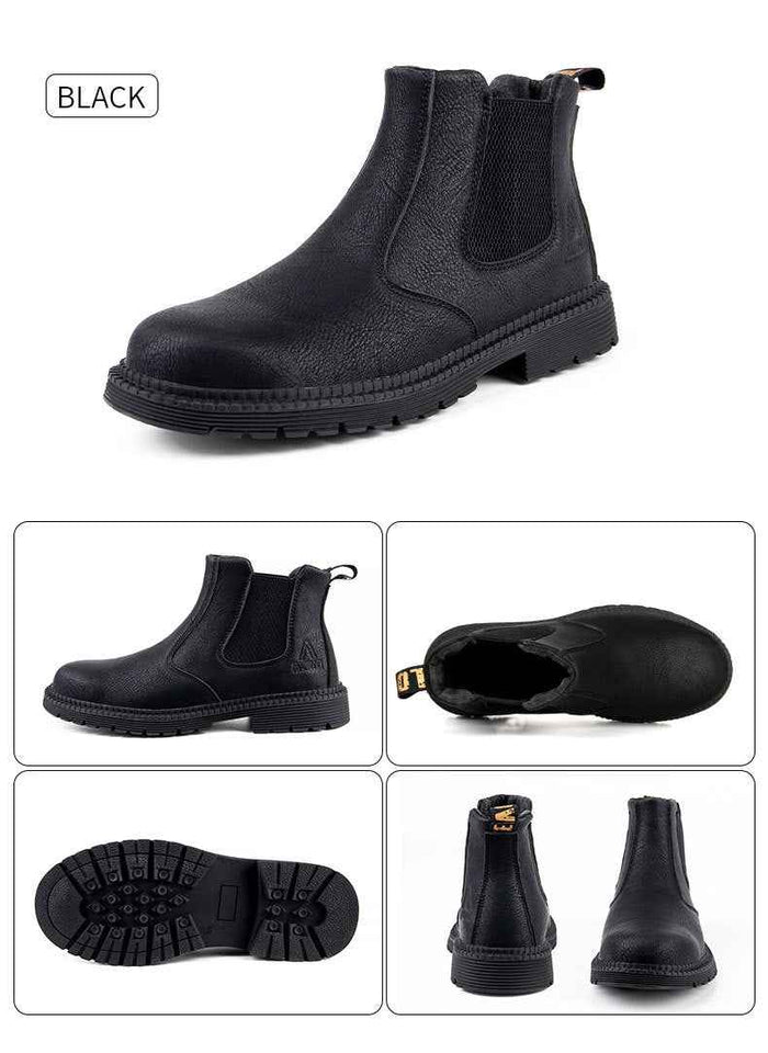 Dealonlinenz steel toe work shoes slip-on safety boots in oiled leather with puncture-proof sole and soft, lightweight design.