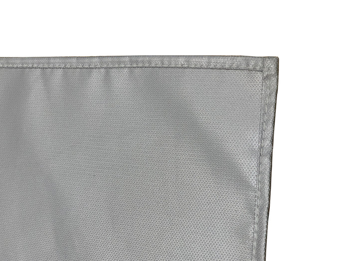 Close-up of a durable grey fabric with reinforced edges, ideal for storage solutions.