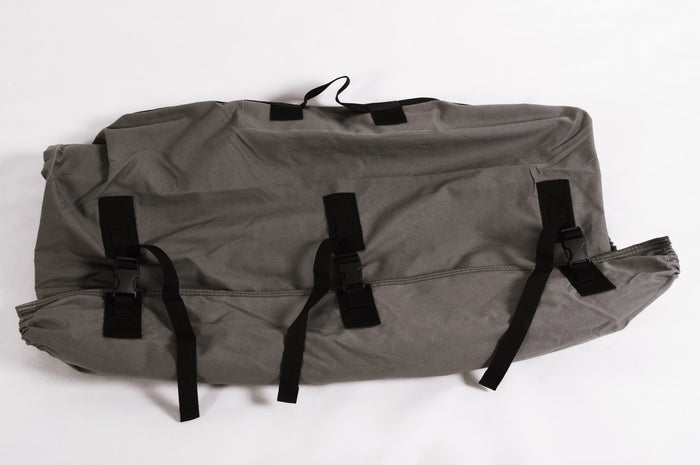 Gray outdoor storage bag, durable material, featuring adjustable straps for secure closure and easy transport.