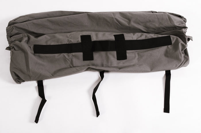 Gray waterproof outdoor storage bag with adjustable straps and drawstring closure for easy transport.
