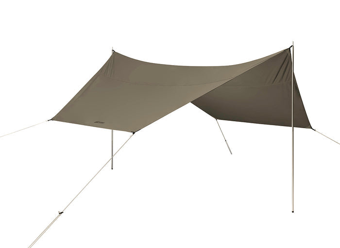 Lightweight outdoor shade tarp in olive green, waterproof fabric, ideal for camping or picnics.