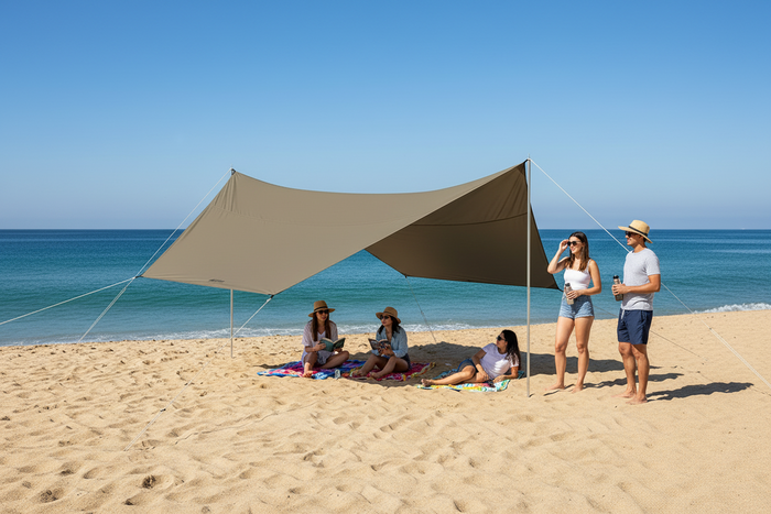 Large beige beach sunshade canopy for outdoor gatherings, ideal for protection from UV rays.