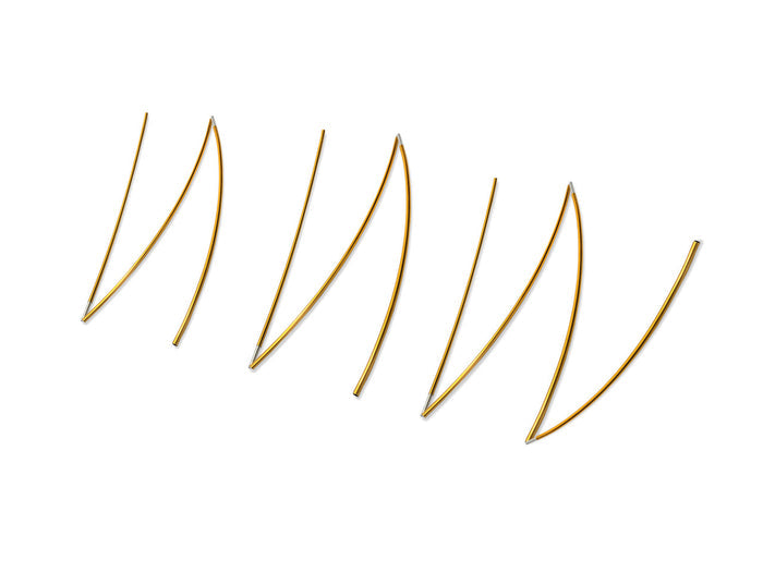 Set of six curved golden embroidery needles with sharp tips for precise stitching.