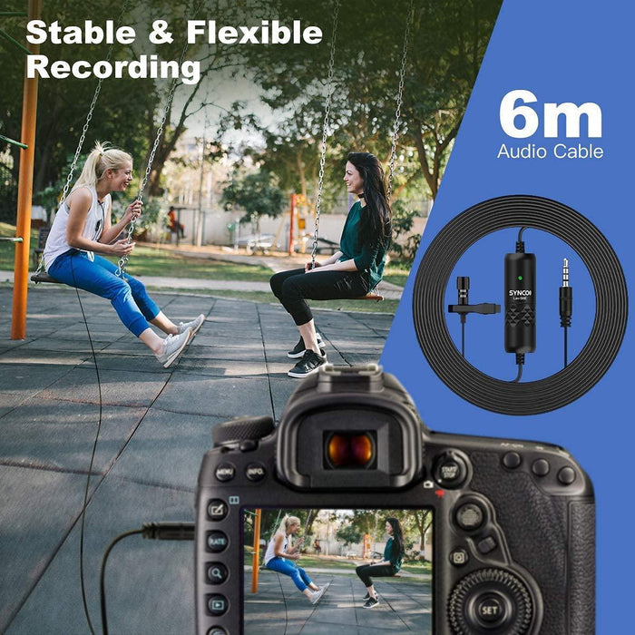 SYNCO-(Lav-S6E)-Lavalier Omnidirectional Condenser Label Mic, 6M Cord iPhone Android Smartphone PC Laptop Camera for Broadcast Interview YouTube Video Recording, [Official] Clip-on-Lavalier-Microphone. - Digitek